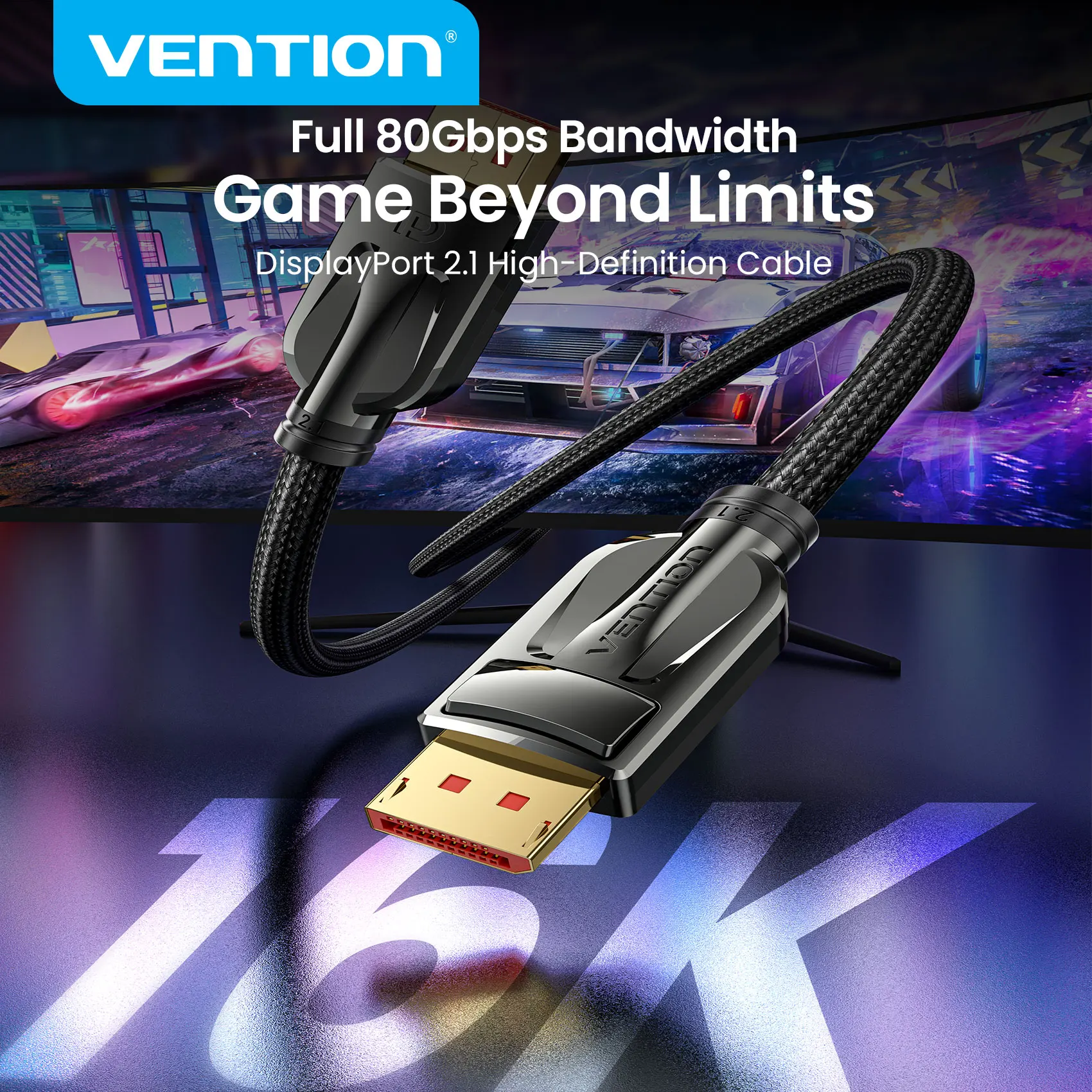 Vention 16K DisplayPort-kabel, DP 2.1, mannelijk naar mannelijk, audiokabel, 16K@60Hz, 8K@240Hz, HDR-videokabel en audiokabel voor gamingmonitoren.