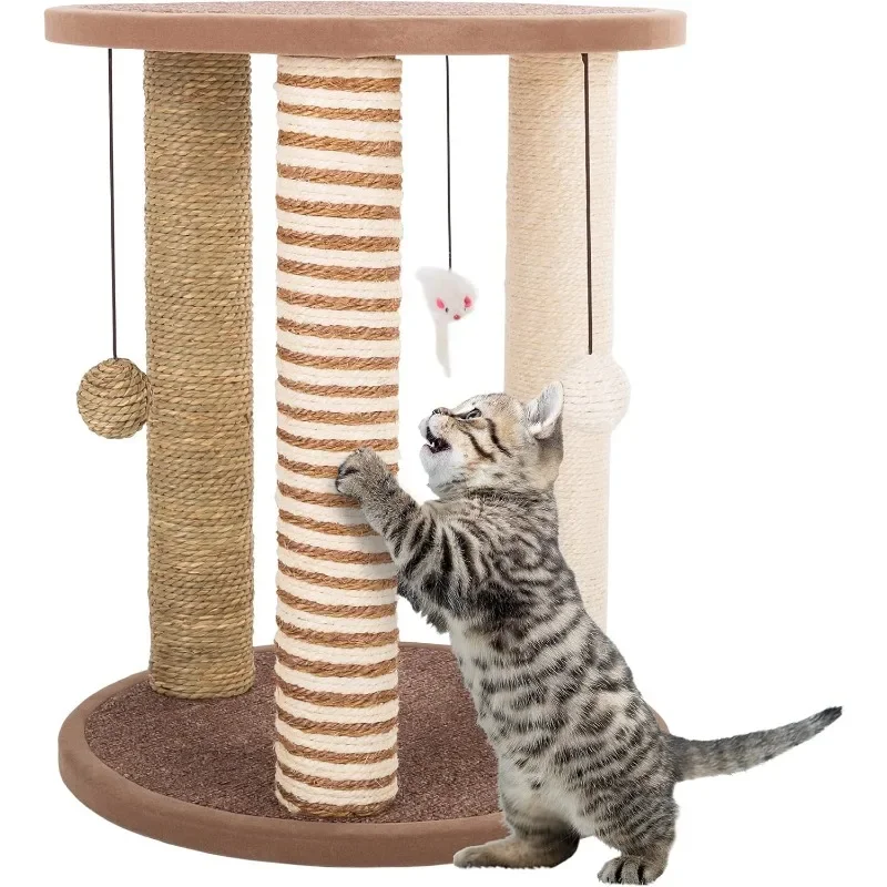 3 Scratch Posts with Carpeted Base Play Area and Perch - Indoor Cat Furniture From Pet Manufacturer (brown)