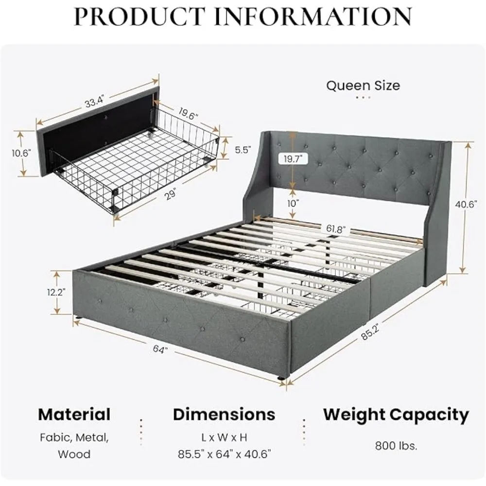 Upholstered Queen Size Platform Bed Frame with 4 Storage Drawers and Wingback Headboard, Diamond Stitched Button Tufted Design