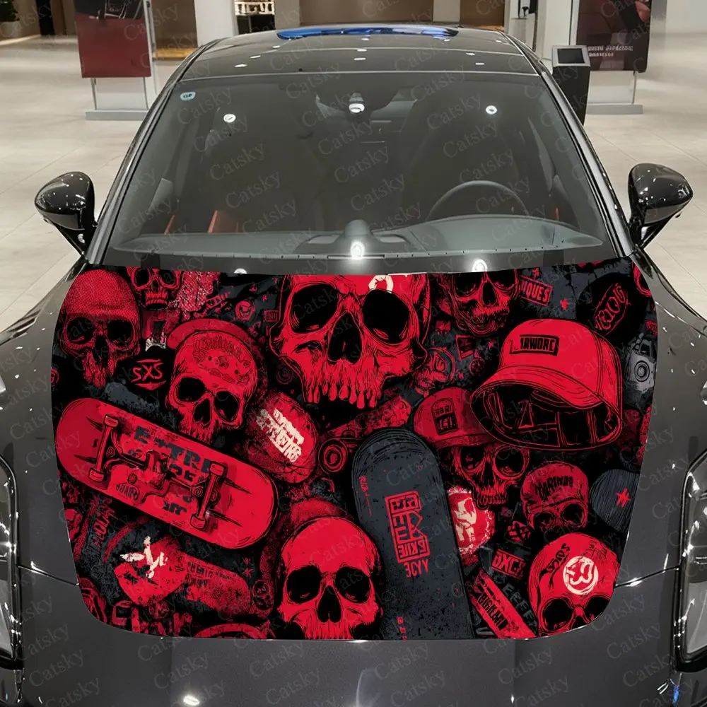 

Red-Black Graffiti-Style Skulls Car Vinyl Wrap, PVC Material Waterproof Car Hood Sticker, Self-Adhesive Scratch-Resistant Sticke