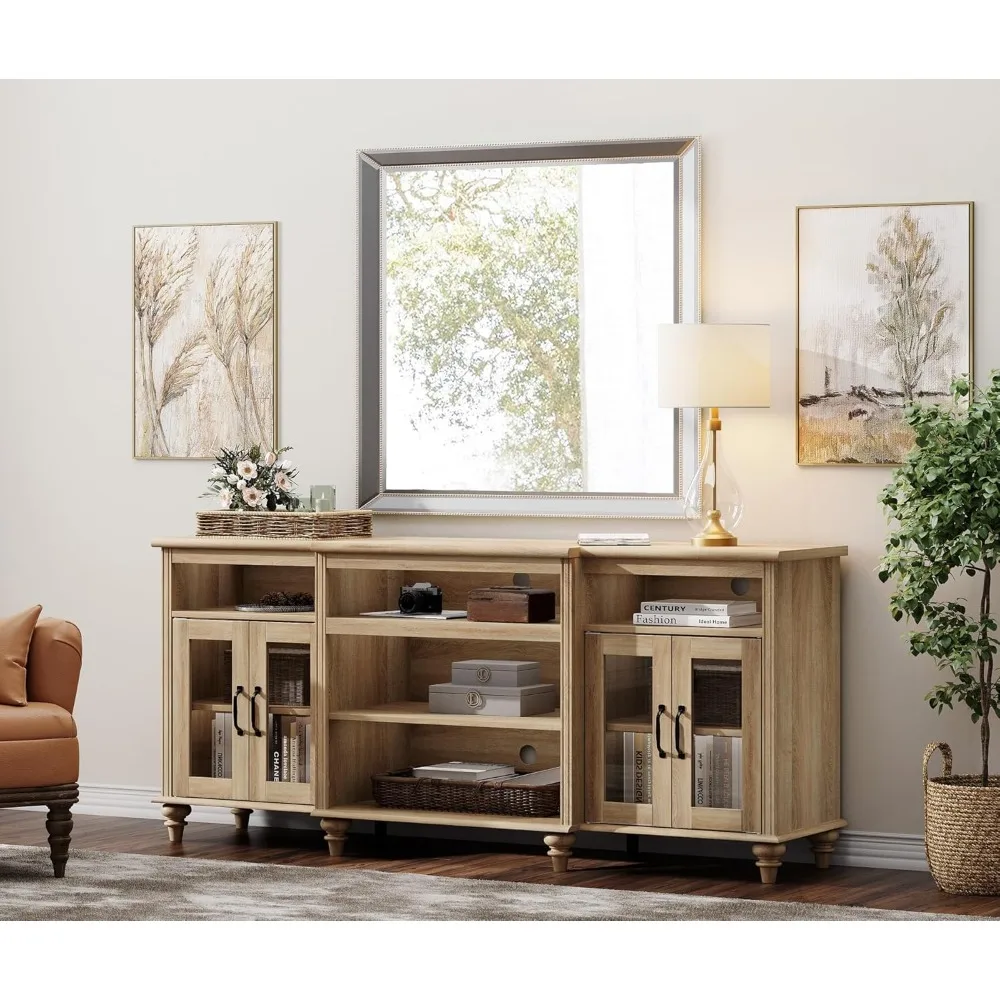 

Farmhouse TV Stand for TVs Up to 75 inch, 4-Door Glass and Wood Universal TV Console with 9 Storage Cabinets, Oak Enterta