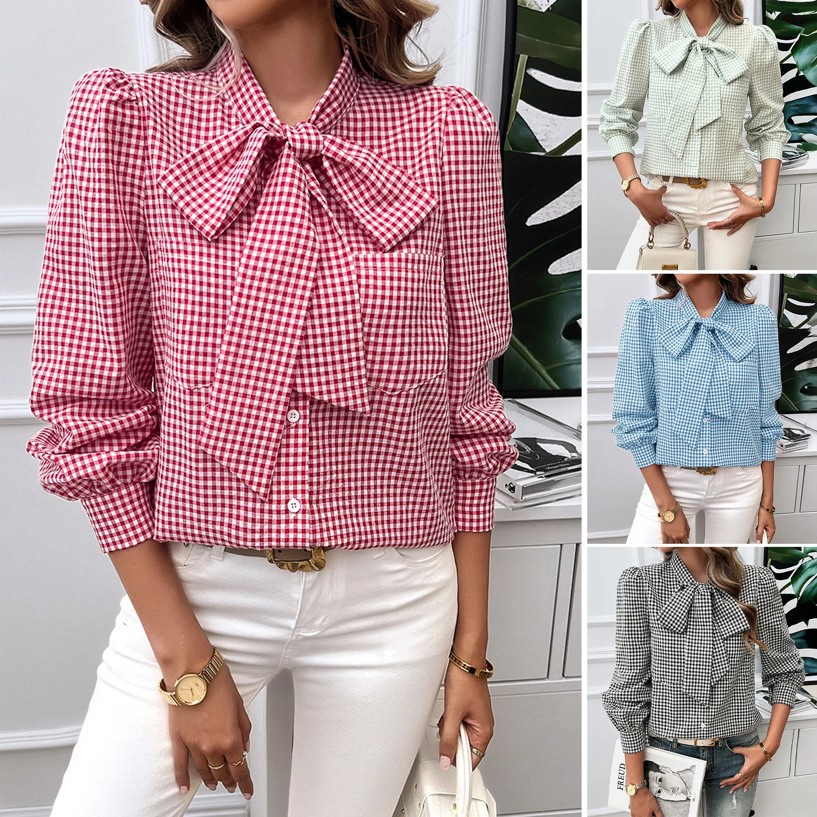 YJKDYK Spring Autumn Women's Long Sleeve Tops Female Puff Sleeve Bow Plaid Shirt Lady's Contrast Loose Blouse Women's Clothing