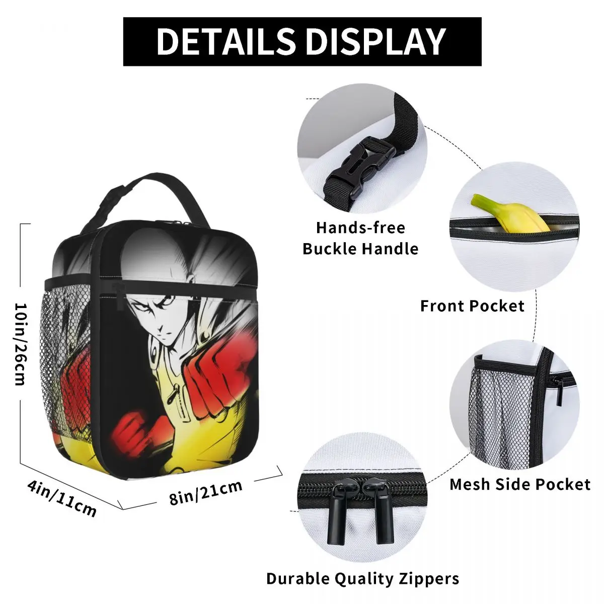 أنيمي واحد لكمة رجل معزول أكياس الغداء حقيبة للحفاظ على البرودة   حاوية الوجبات Saitama Cartoon Leakproof Tote Lunch Box Food Bag