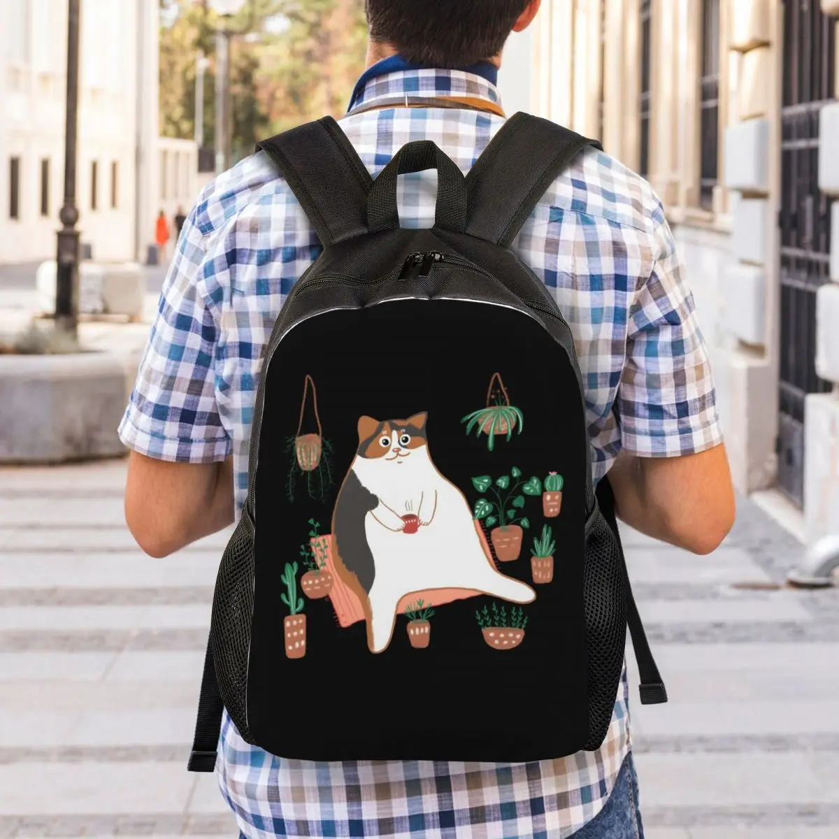 Calico Cat With Pot Plants Cat For Mom Backpack Student Boys Girls BookBag School Bag Laptop Shoulder Bags