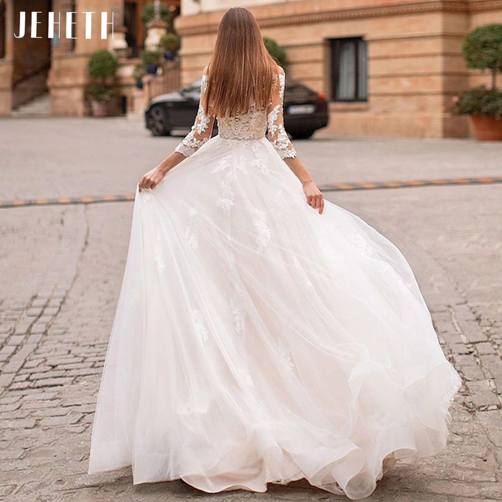 JEHETH Elegant Strapless A-Line ชุดแต่งงาน2022เรือคอ Appliques ลูกไม้ Boho เจ้าสาวชุดแขนยาว Vestido De Novia