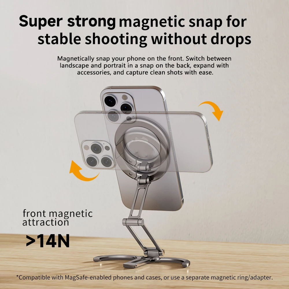 حامل مغناطيسي قوي للهاتف المحمول لسطح المكتب Magsafe قابل للتعديل وقابل للطي وحامل معدني محمول لهاتف iPhone 17 16 15 Pro Samsung