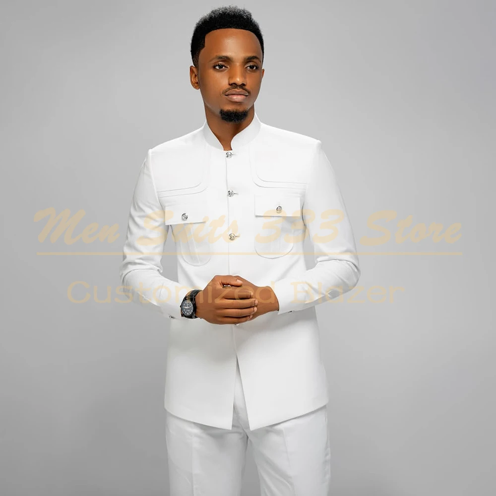 

High Quality Nerhu White Men's Suits Formal Wedding Safari Blazer Tailor Made Single Breasted With Pocket 2 Piece Jacket Pants