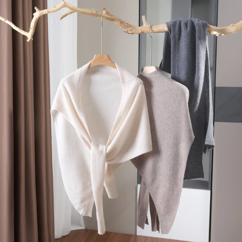 

Женская трикотажная шаль нестандартной формы из 100% шерсти, теплый осенне-зимний шарф с завязками, однотонный жилет со скошенной скошенной кромкой