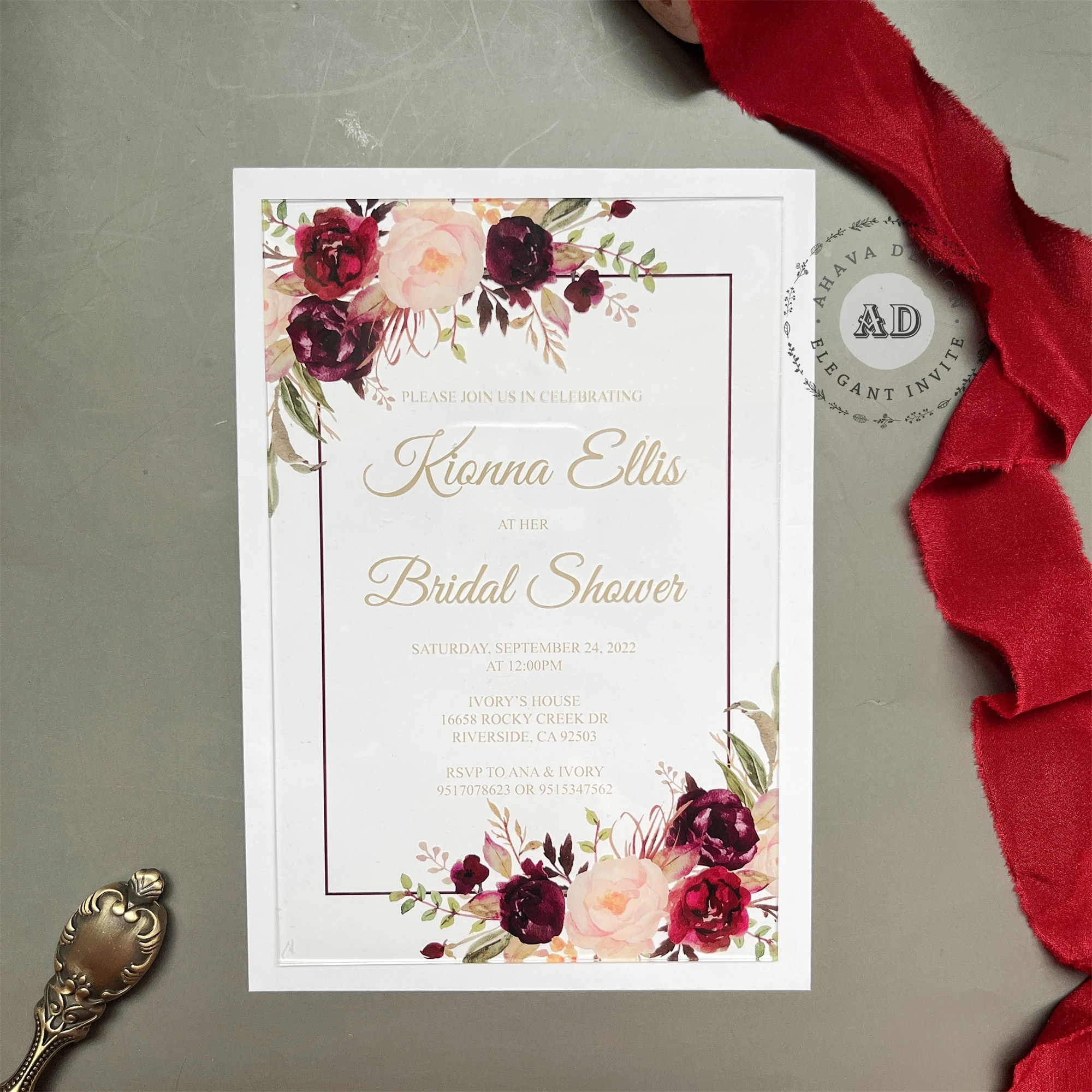 Burgundy Floral Bridal Shower Acrylic Invite With Belly Band, Personalized Transparent Invites, Elegant Acrylic Card