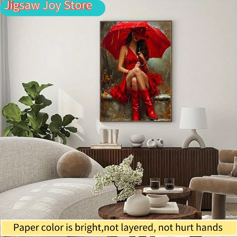 

Набор из 1000 бумажных пазлов, художественный принт: Женщина в красном платье с красным зонтом под дождем, подходит для, сделано по мотивам