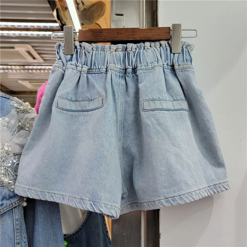 Heavy Industry Color Beads Rhinestones Denim Shorts High Waist Slimming Wide-Leg Shorts 2023 Spring Summer New Short Pants Women
