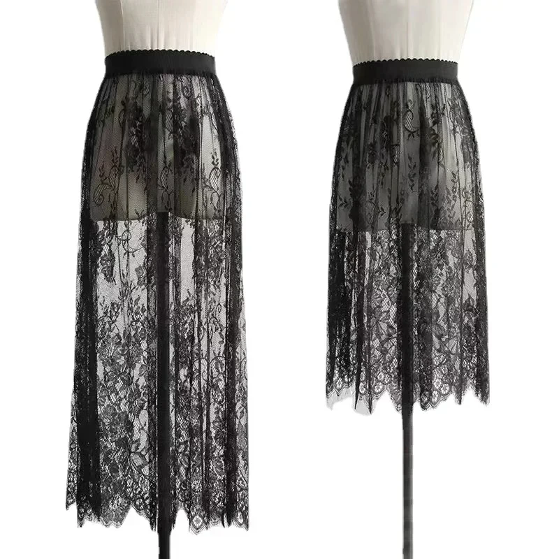 Saia Midi Transparente de Tule Longa com Renda para Mulheres, Moda Coreana Sexy, Cintura Alta Elástica, Cor Sólida, para Praia