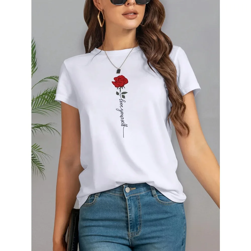 

Женская футболка с графическим принтом «Роза с цветочным принтом Love Yourself», повседневная женская футболка в стиле Харадзюку с короткими рукавами, одежда, уличные топы, футболки
