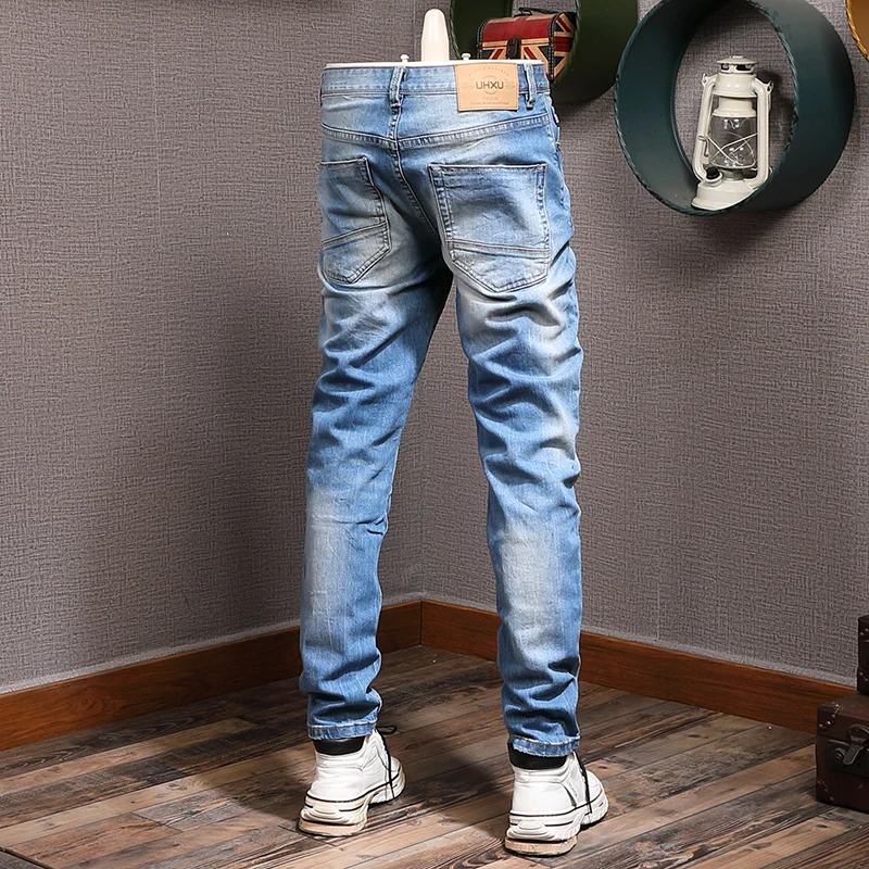 Fashion Designer Men Jeans Retro Blue Elastic Slim Fit Ripped Jeans Men Vintage Casual Trousers Korean Style Denim Pants Hombre