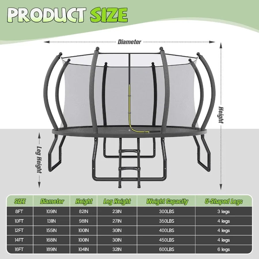 8FT 10FT 12FT 14FT 15FT 16FT ترامبولين خارجي مع شبكة وسلم للبالغين تصميم إطار توصيل سريع آمن إعادة #2