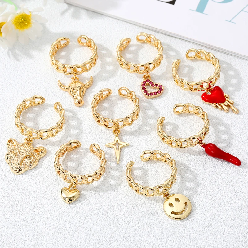 Heart Smile Star Cow Leopard Tassel Ring For Women Men New Vintage Punk Gold Color Adjustable Knuckle Ring Wedding Party Jewelry