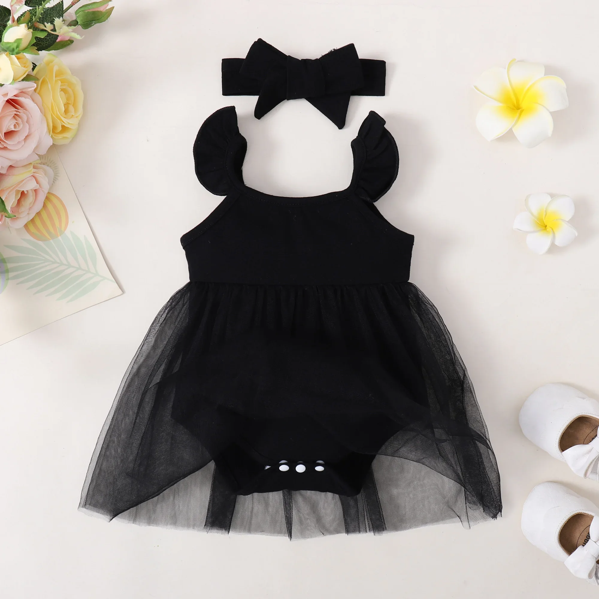 Summer  Newborn  Baby  Girl  Black  Wedding  Bridesmaid  3D  Flower  Tulle  Lace  Satin  Princess  Dress  Party  Funeral  Dress