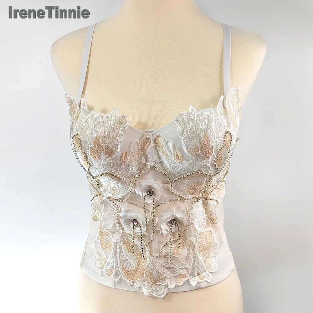 IRENE TINNIE 2025 Woman Tank Tops Sexy Beading Party Push Up Bustier White Embroidery Flower Women Corset Nightclub Crop Top