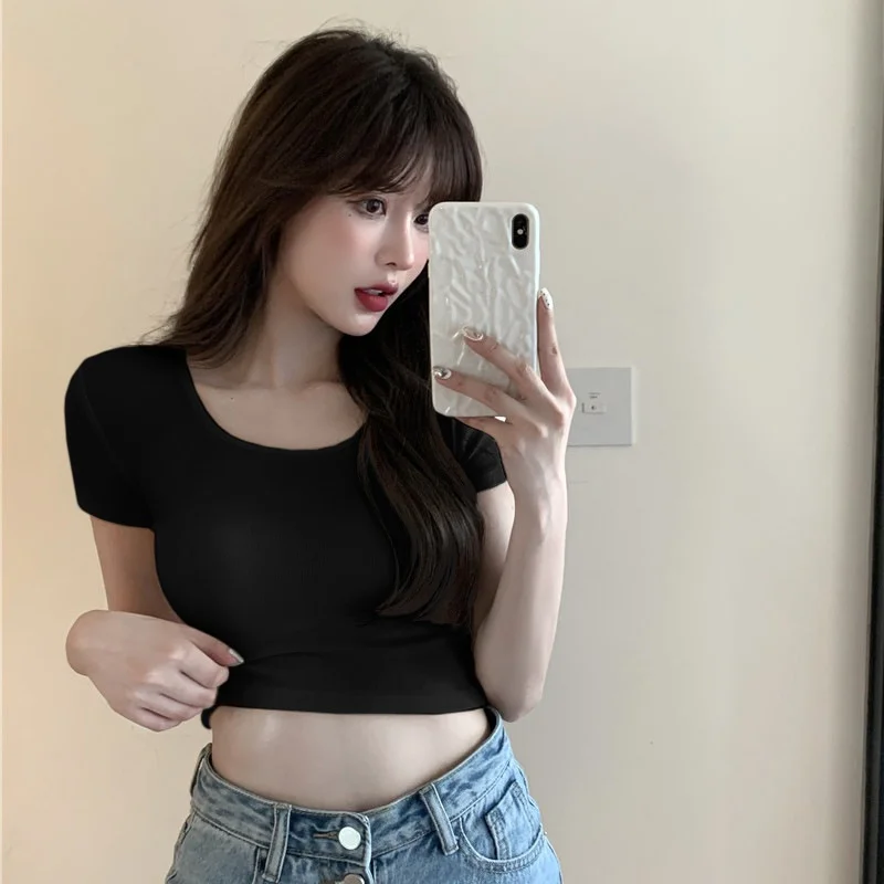 Kpop Sports Slim Crop Tops Women Sexy Yoga Y2K T-shirts Gym Vintage Short Tees Shrits Cute Cheap Clothes Woman Black Tshirts