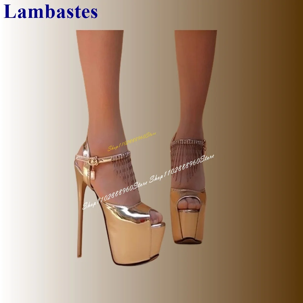 

Trendy Gold Glossy Platform Fringe Decor Sandals Thin High Heel Women Shoes Ankle Buckle Strap Peep Toe 2024 Zapatos Para Mujere