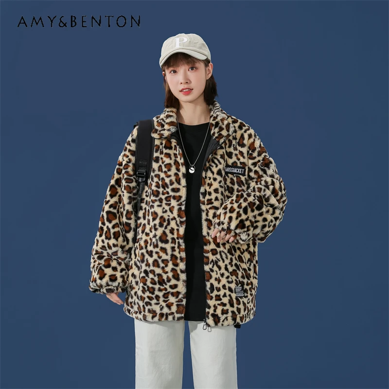 

Winter Korean Version Women's Warm Loose Casual Gray Blue Cotton Coat Couple Style Coffee Color Stand Collar Lamb Wool Jacket