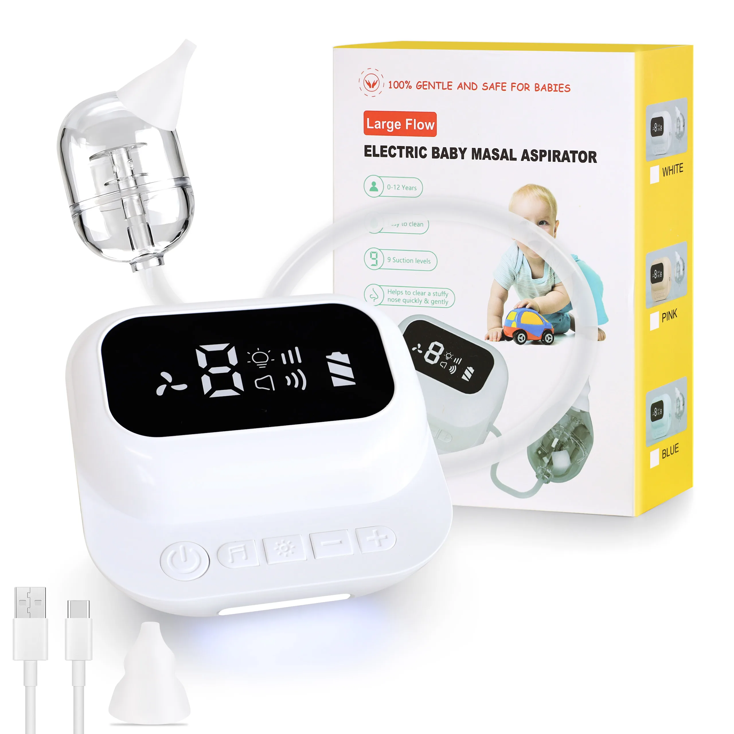 Baby Nasal Aspirator with 9 Suction Levels, Rechargeable Snot Sucker for Newborns, 2 Silicone Nozzles, Music & Night Light