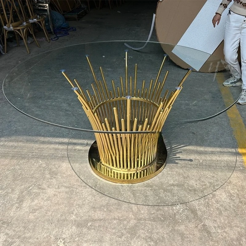 

Light luxury stainless steel dining table round table simple shop furniture wedding glass small apartment household