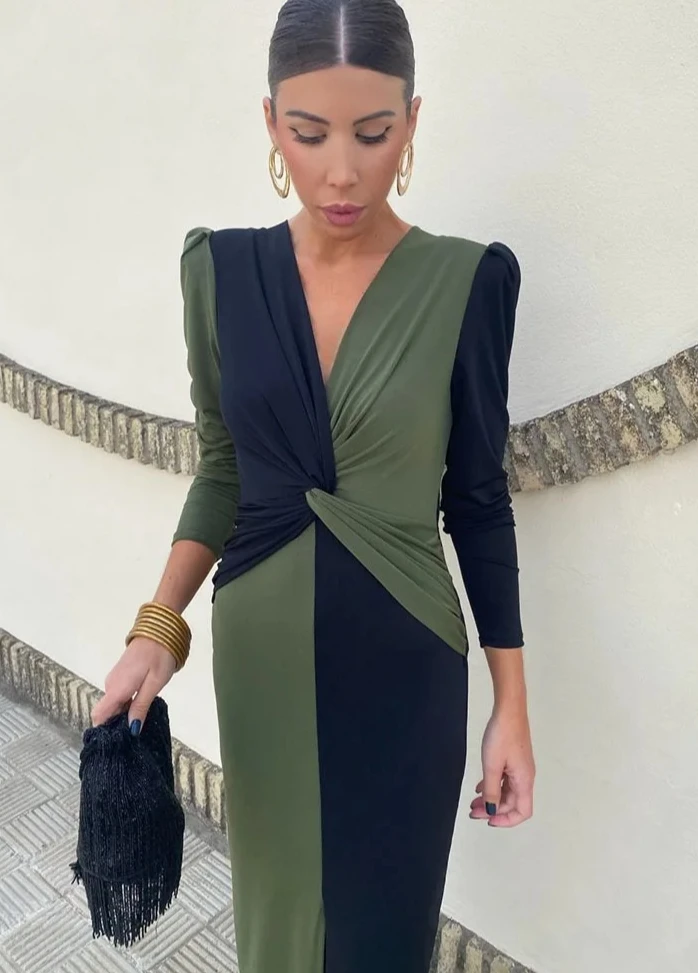 Vestidos femininos com decote em V manga comprida patchwork bodycon vestido maxi com fenda frontal e bloqueio de cores