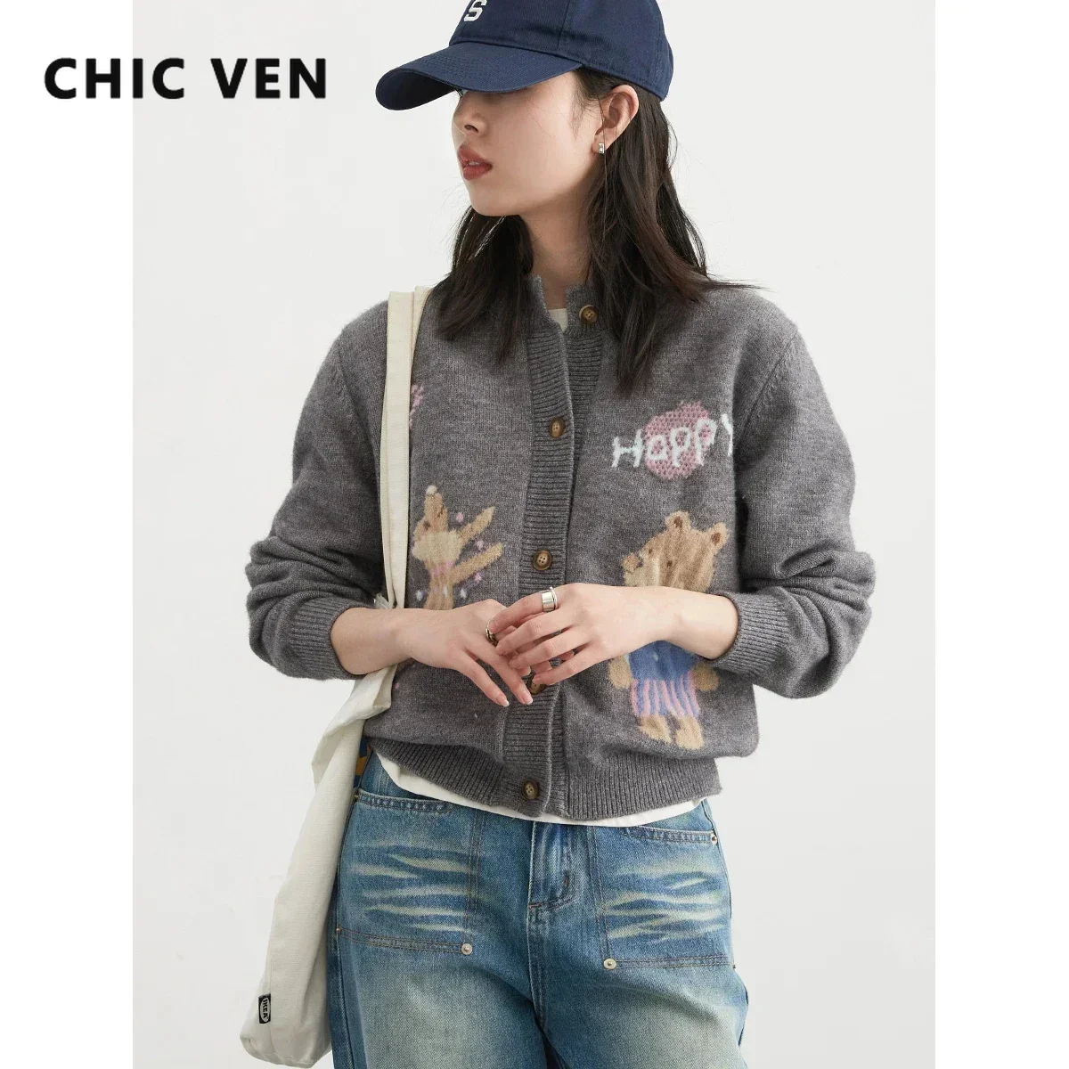 CHIC VEN Women Cardigan Retro Round Neck Jacquard Bear Sweater Knitted Female Cardigans Woman Top Spring Autumn 2024