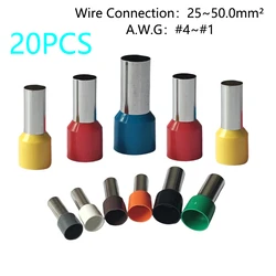 20PCS 25mm² to 50mm² Copper Insulated Ferrules Cable Lug Gauge4~1 Wire Connector Crimp Terminal End Block E25-16/35-16/50-20