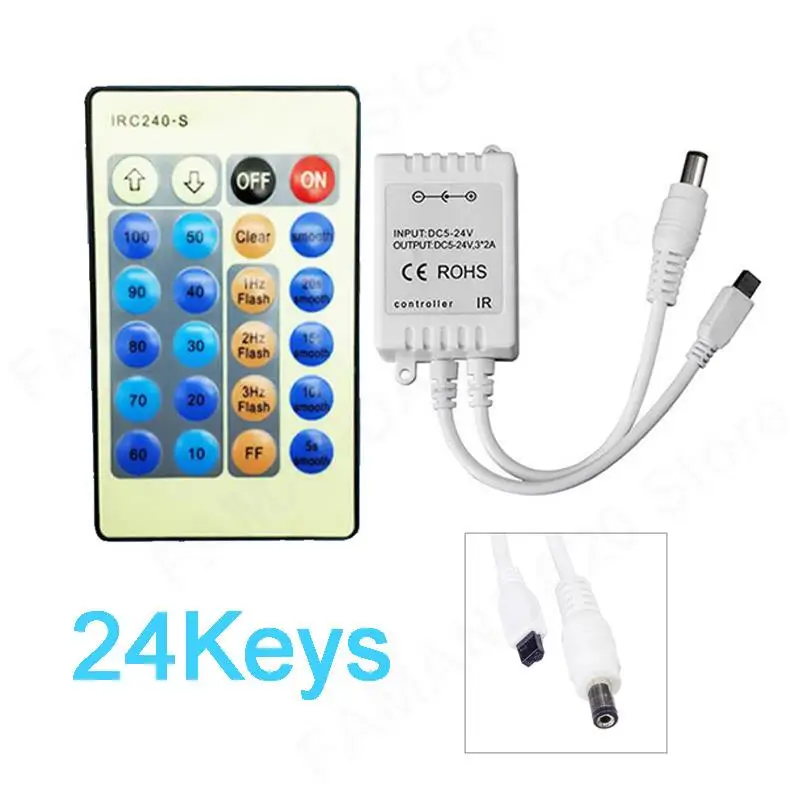 Wireless 24Keys RF Monochrome Infrared Controller Remote DC 5-24V For Single Color 3528 5050 2835 5630 3014 LED Strip Lights M20