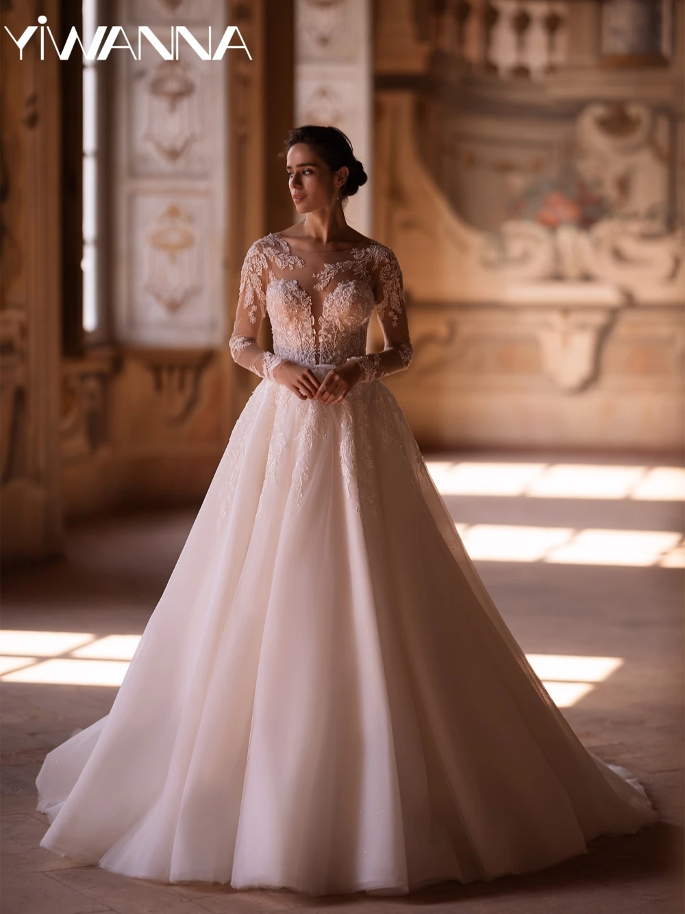 

Graceful Glitter Beaded Appliques Wedding Dress Classic Oneck Long Sleeve Bridal Gown Customized A-line Dresses For Bride