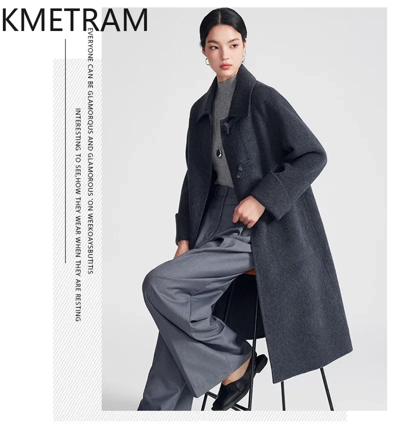 KMETRAM-Manteau long d'hiver pour femme, 100% laine véritable, vêtements de luxe, extérieur, nouveau, 2024