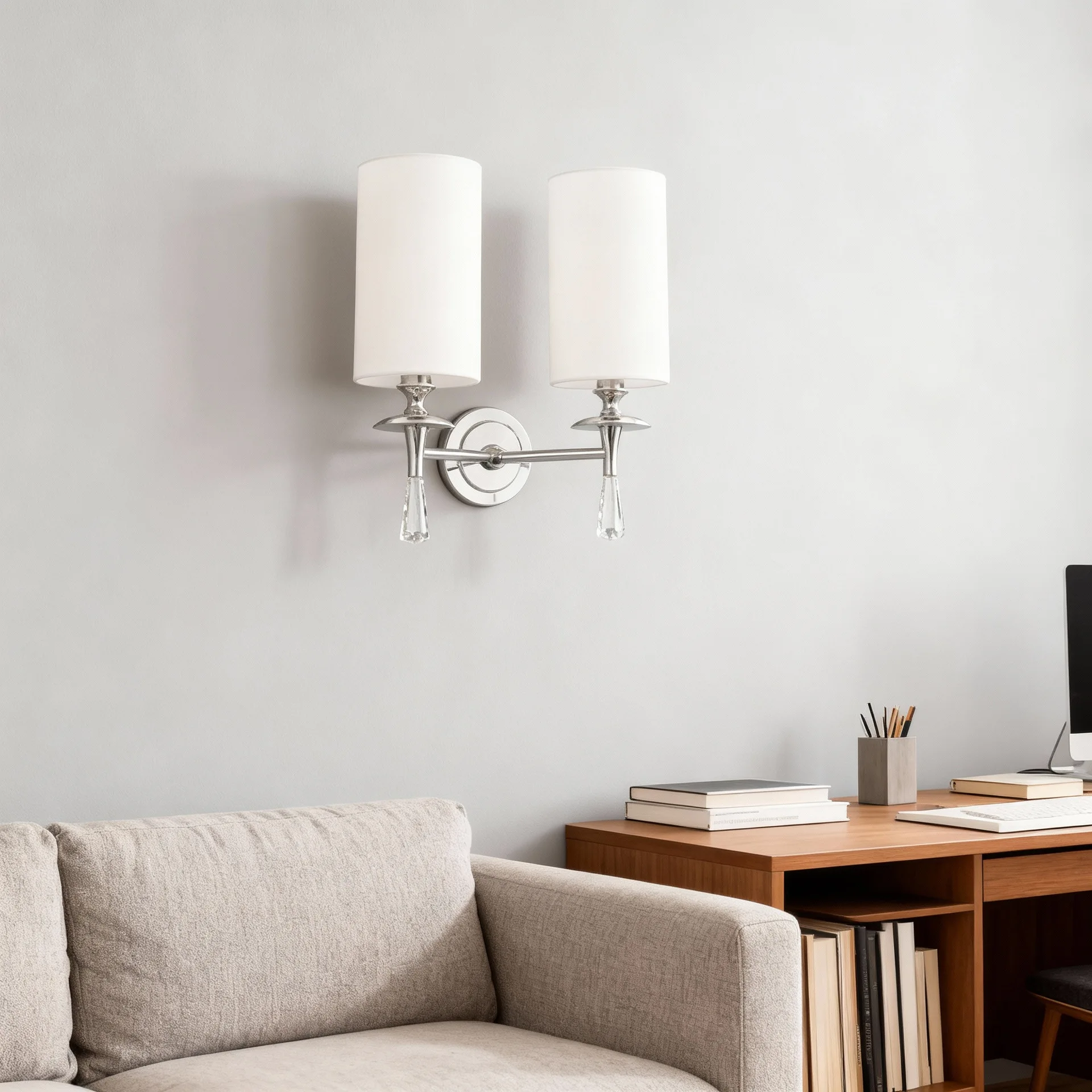 American style All-copper Double Head Wall Lamp Simple Living Room Background Fabric Lamp Bedroom Bedside Crystal Lamp