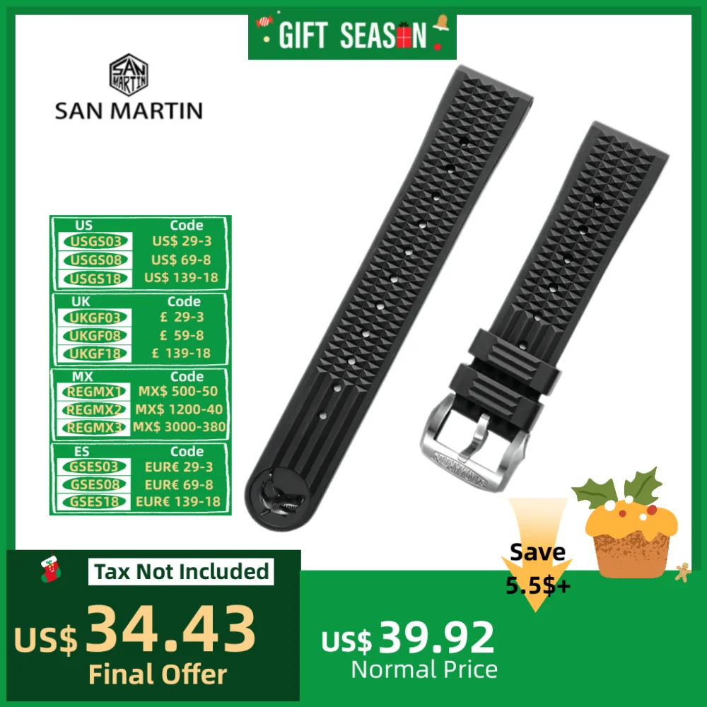 San Martin 20mm Fluororubber Watch Band Waterproof Quick Release Black Watch Strap Waffle Pattern Comfortable Watchbands Durable