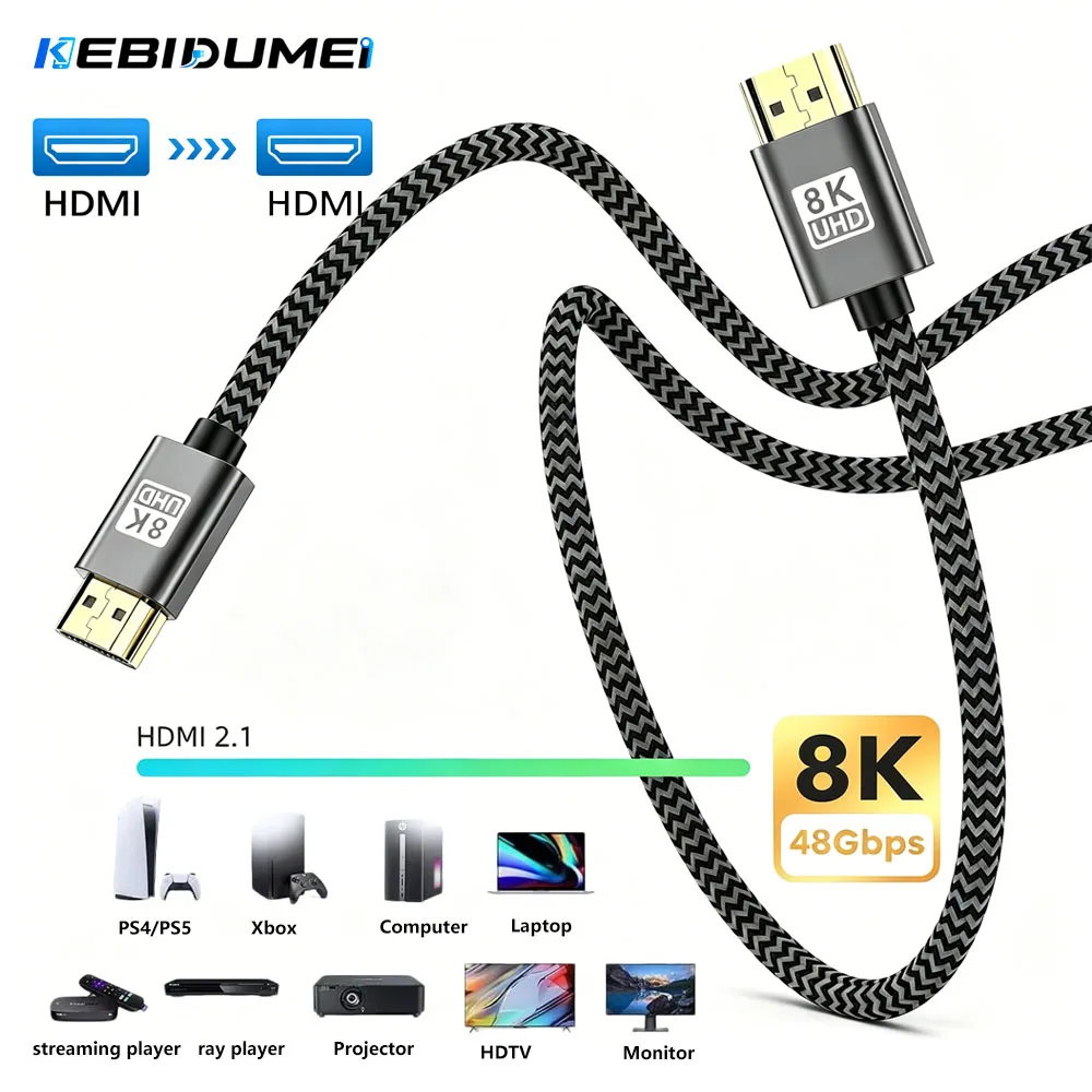

KEBIDUMEI 8K HDMI-compatible 2.1 Cable 48Gbps High Speed Cable for HDTV Laptop Projector PS5 4K 120Hz HD Adapter EARC ARC HDCP