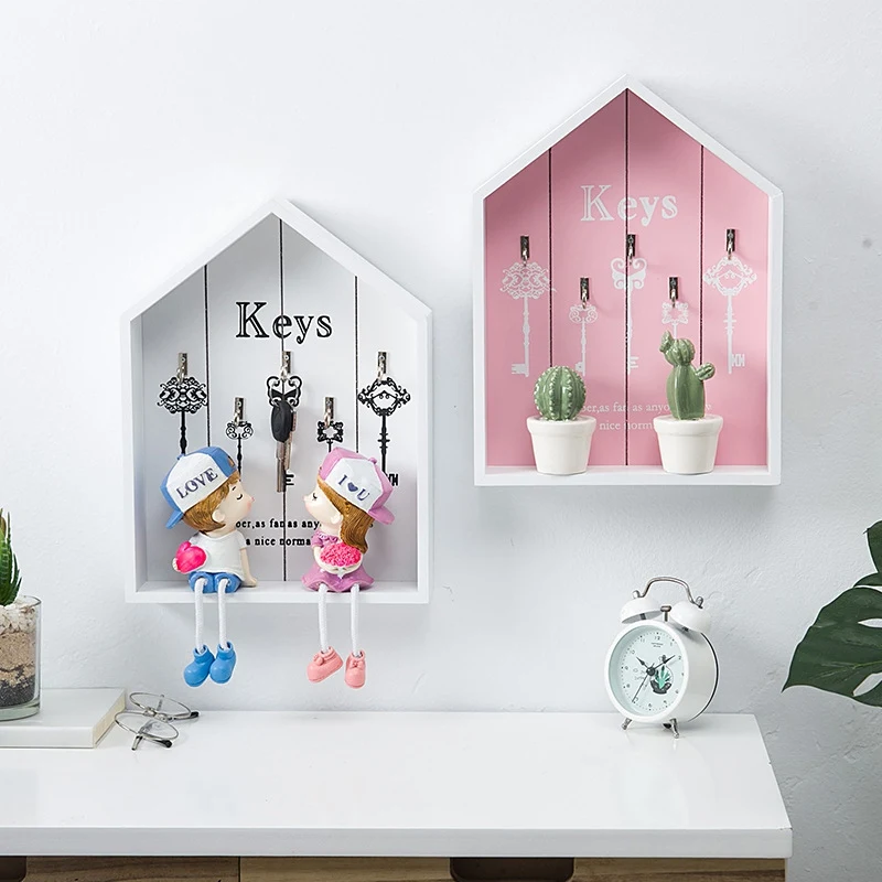 Wood House Shape Key Hook Holder Wall Hanging Rack Organizer Home Decor Entrance Wall Key Hanger Jewelry Display Holder Box