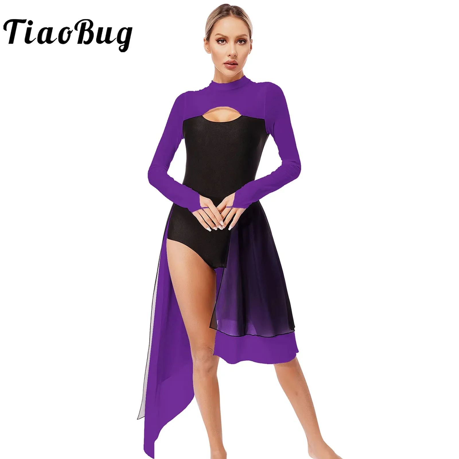 

Women Modern Lyrical Dance Dress Irregular Long Sleeve Sheer Mesh Tutu Ballet Gymnastics Leotard Dress Skating Clothes Dancewear