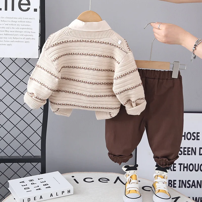 Baby Girls Sets 2025 Spring Autumn Childs Clothes Casual Fashion Korean Style Striped Sweater Coat Three Piece Sets