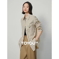 TOYOUTH 2024 Classic Striped Shirts Women Spring Autumn Polo-neck Single-breasted Long Sleeve Cardigan Blouse Office Shirt Top