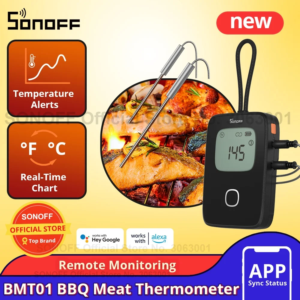 SONOFF BMT01 Wireless BBQ Meat Thermometer Real-Time Temp Chart Timer Reminder Remote Monitoring Temperature Alerts via eWeLink