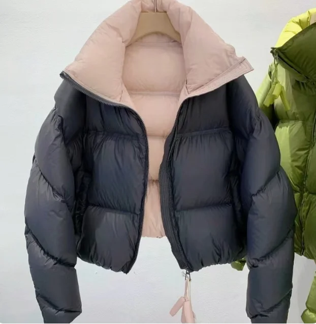 Senhoras gola para baixo jaqueta de algodão curto 2024 inverno novo estilo coreano cor-bloco solto puffer casaco quente outerwear