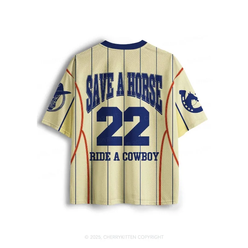 Y2K Millennium Western Themed V-neck Mesh Short Sleeved Star Horseshoe Print Oversized Sports Jersey