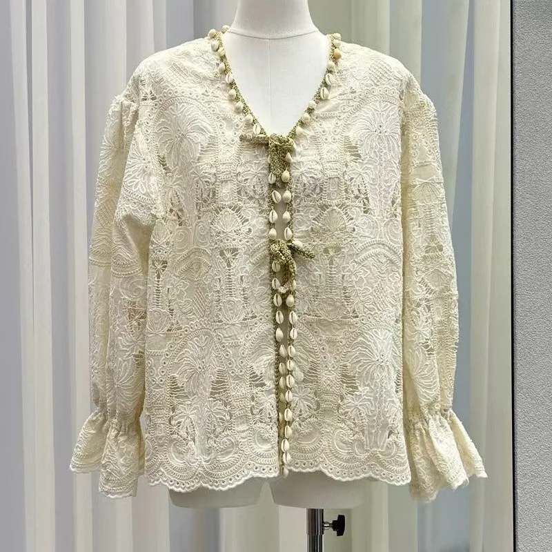 

Top Quality New Cotton Shirts 2026 Spring Women Sexy V-Neck Allover Hollow Out Embroidery Flare Sleeve Casual Vintage Shirts