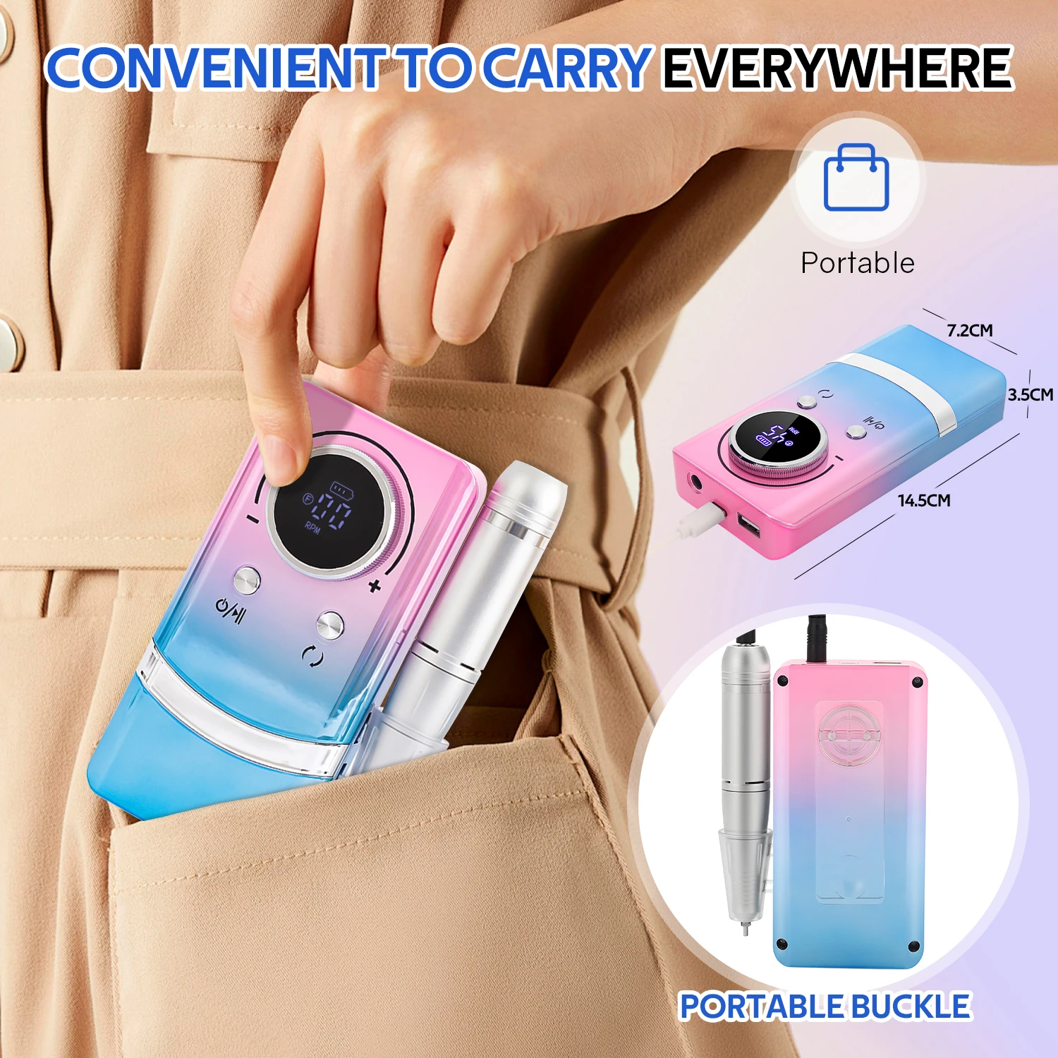 Professional 45000RPM เครื่องเจาะเล็บไฟฟ้าแบบพกพาพร้อมฐานชาร์จเสียงรบกวนต่ําเล็บ Sander ไฟล์สําหรับเล็บ Salon