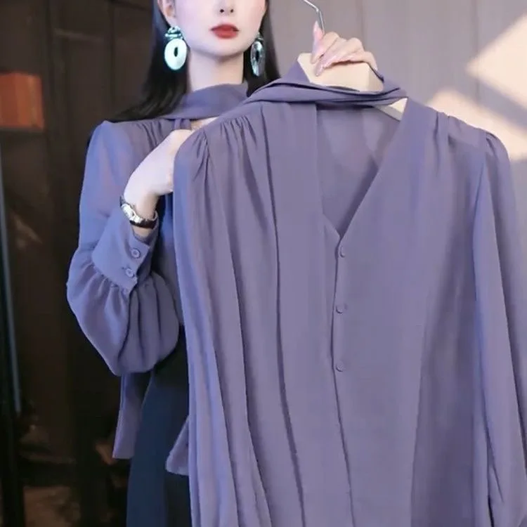 

Ele Long Sve Chiffon irt Spring 2026 New Sle Off-oulder Ne-Tie Women's Top Comfortable Breathable Polyester Fiber