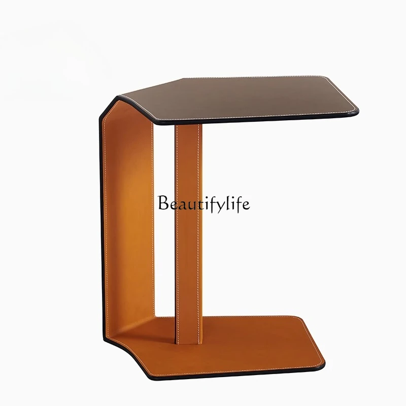 

High-End Sofa Small Side Table Light Luxury Saddle Leather Storage Rack Bedroom Bedside Floating Table Balcony Coffee Table