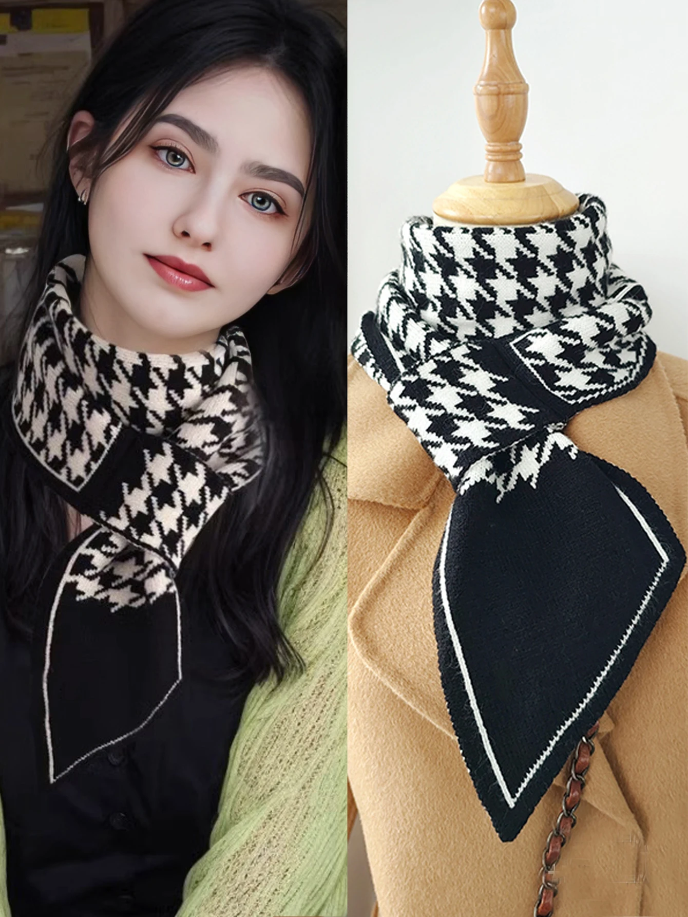Frauen Gestrickte Schal Herbst Winter Dicke Warme Doppel Stricken Instant Schal Mode Plaid Abgewinkelt Schals Outdoor Dreieck Hals Schal – Detail 3