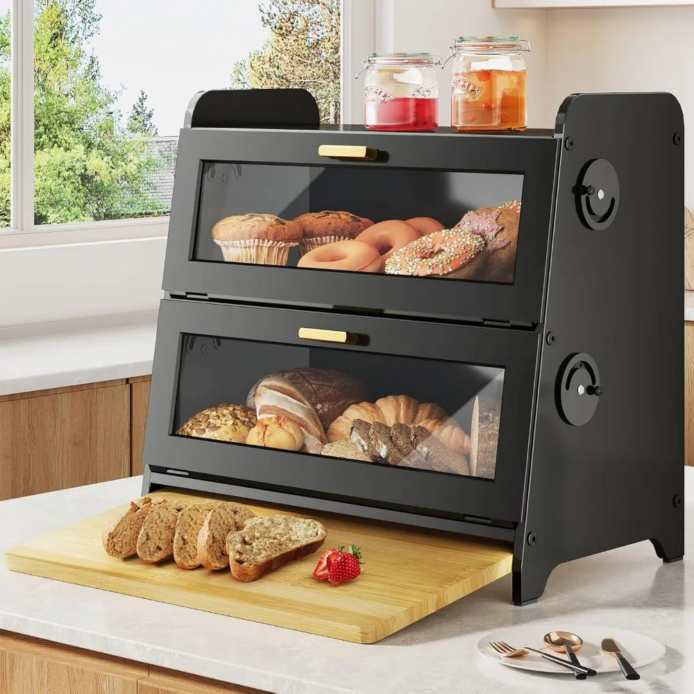 

Bread Box - Kitchen Countertop Bread Storage Container with Bamboo Cutting Board, Adjustable Vent Hole Dials, Black