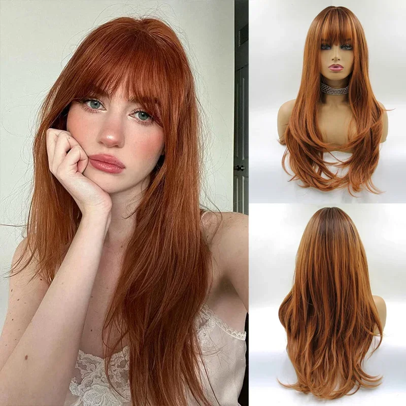 

Long Straight Synthetic Wigs with Bangs Red Brown Copper Ginger Wigs for Women Heat Resistant Cosplay Hair Machine Made Wig